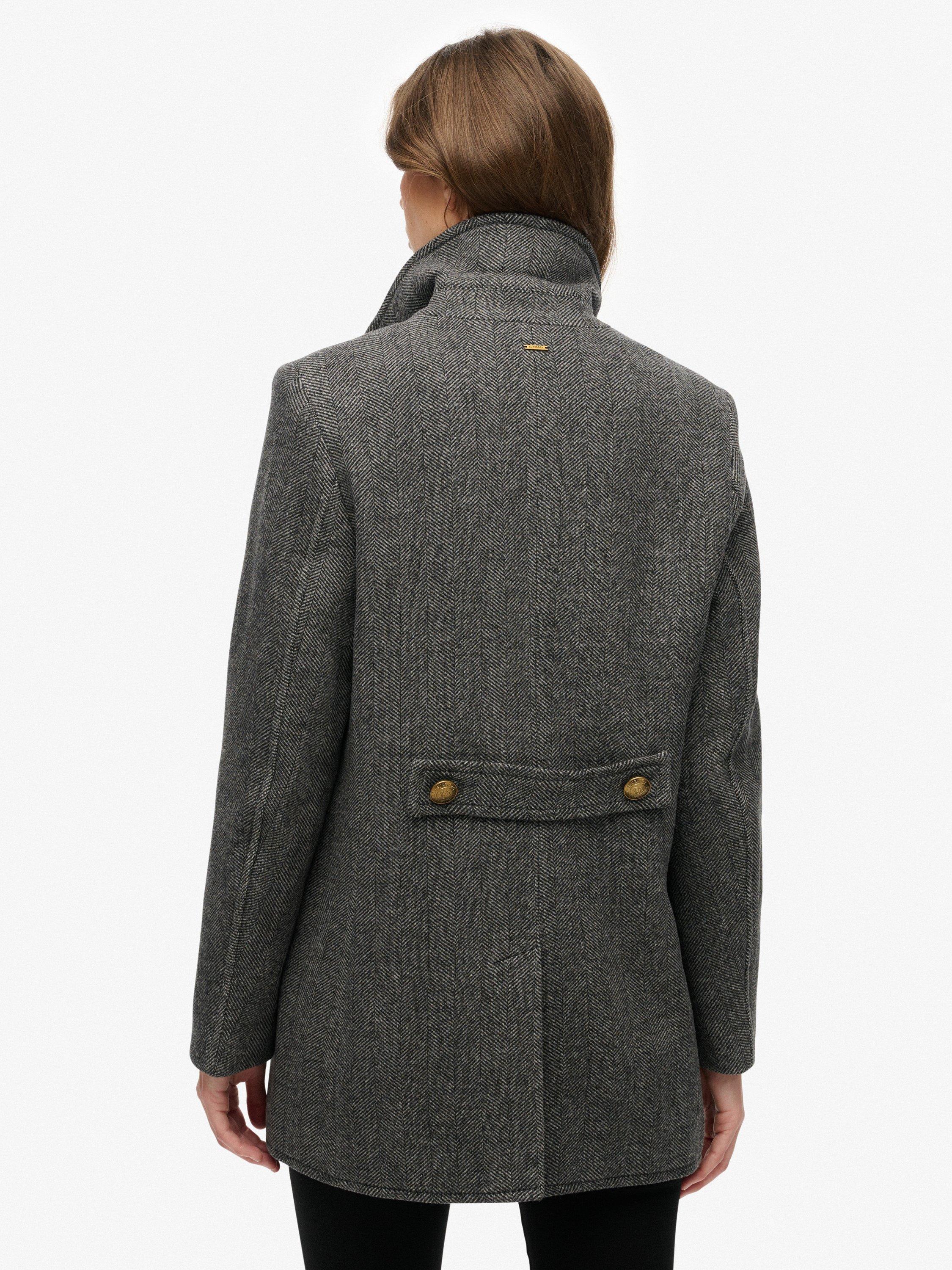 Product image 2 of 5, which shows Superdry Double Breasted Wool Rich Peacoat, Charcoal Herringbone, 16