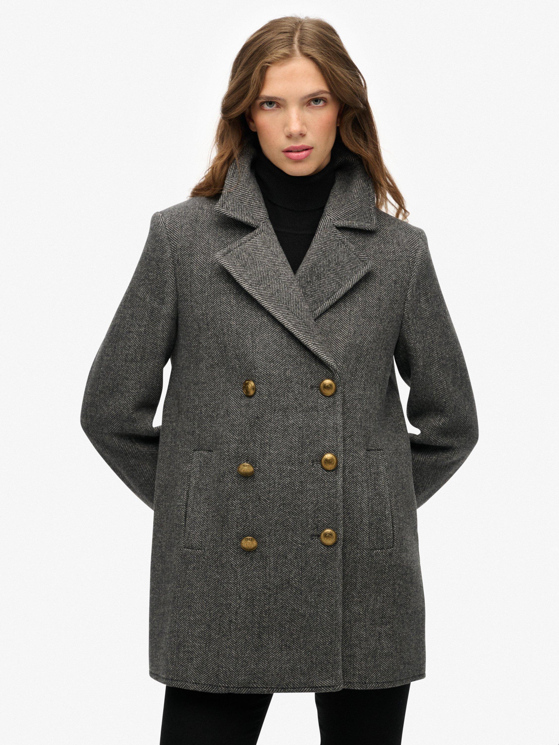 Product image 4 of 5, which shows Superdry Double Breasted Wool Rich Peacoat, Charcoal Herringbone, 16
