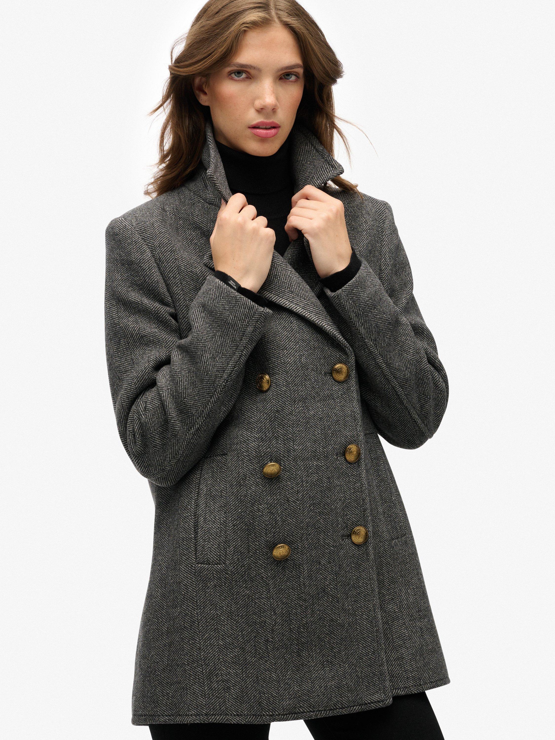 Product image 5 of 5, which shows Superdry Double Breasted Wool Rich Peacoat, Charcoal Herringbone, 16