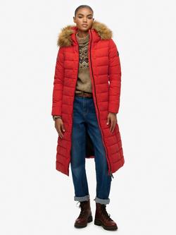 Superdry Arctic Longline Puffer Coat, High Risk Red, High Risk Red