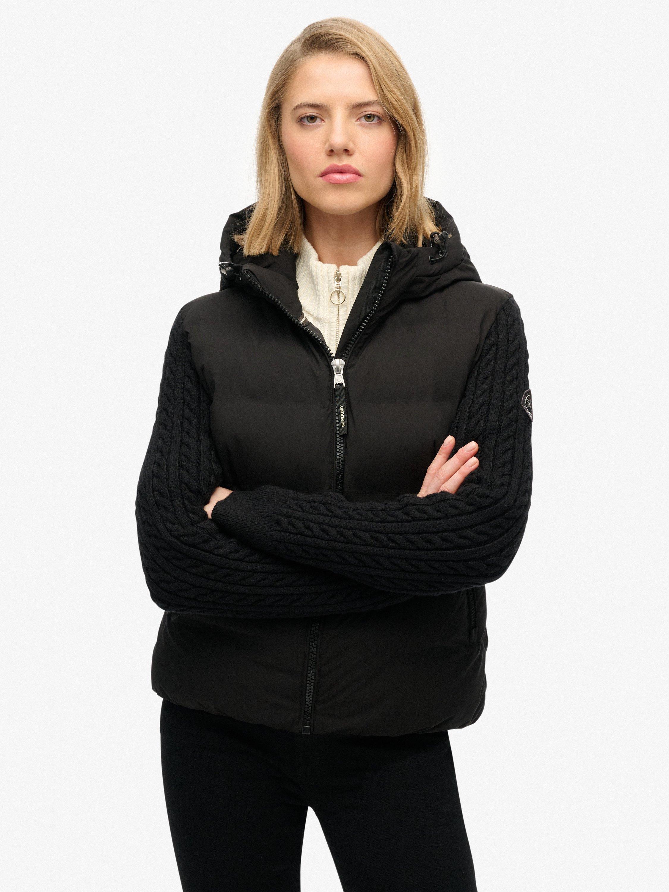 Product image 4 of 6, which shows Superdry Cable Knit Sleeve Hybrid Jacket, Black, 12