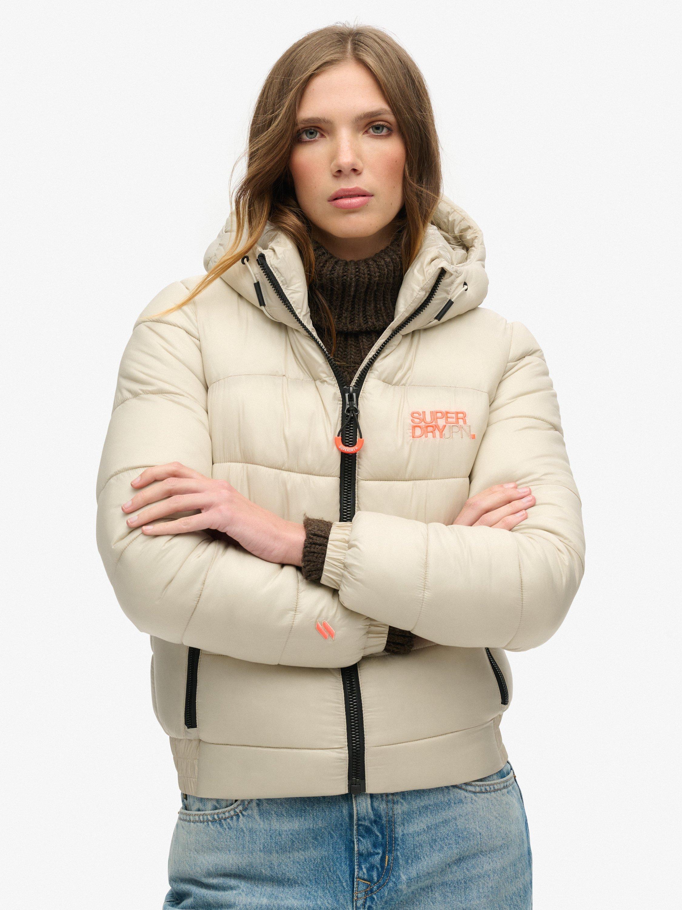 Product image 3 of 5, which shows Superdry Sports Puffer Bomber Jacket, Pelican Beige, 8