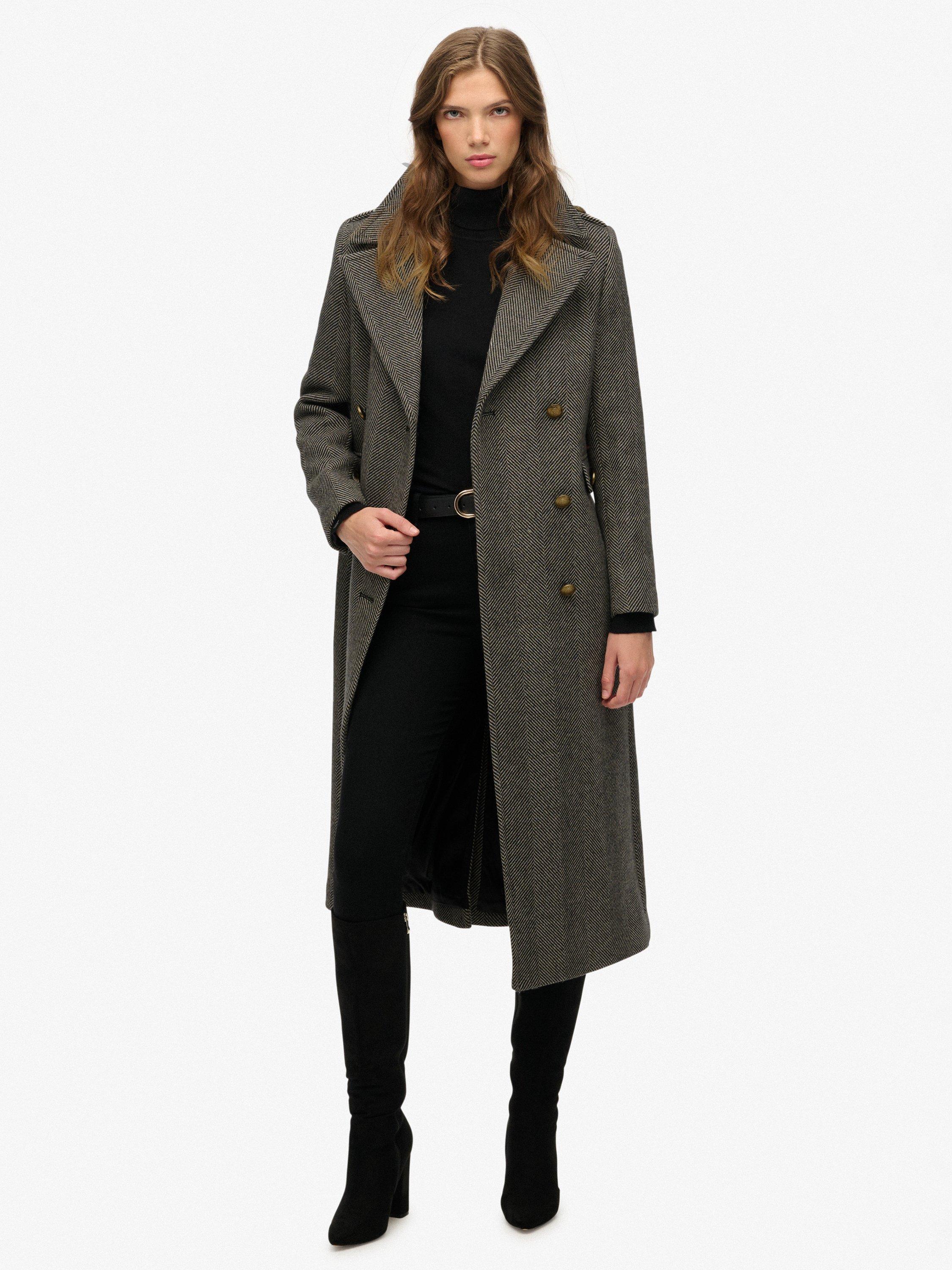 Product image 1 of 7, which shows Superdry Double Breasted Wool Blend Coat, Ivory/Black, 8