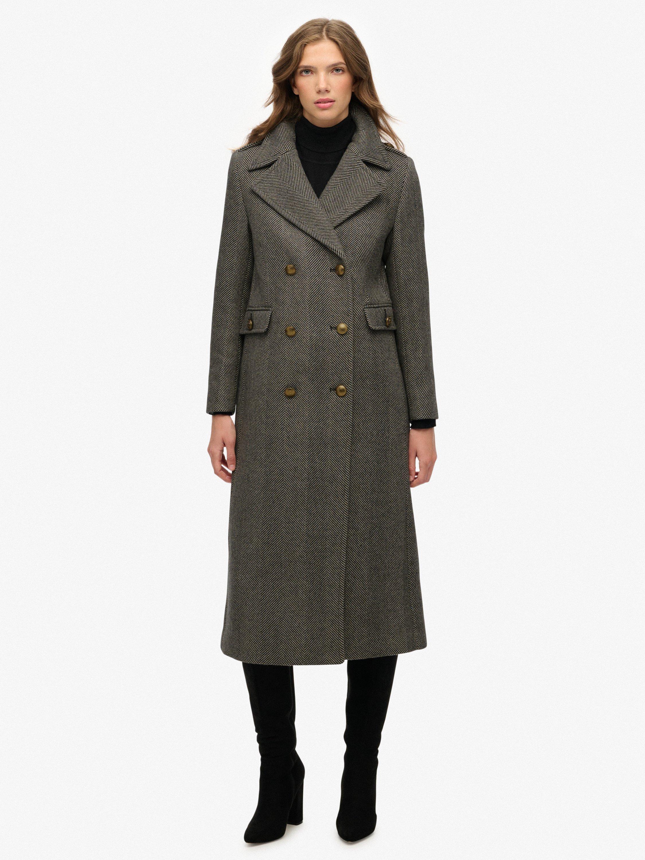 Product image 4 of 7, which shows Superdry Double Breasted Wool Blend Coat, Ivory/Black, 8