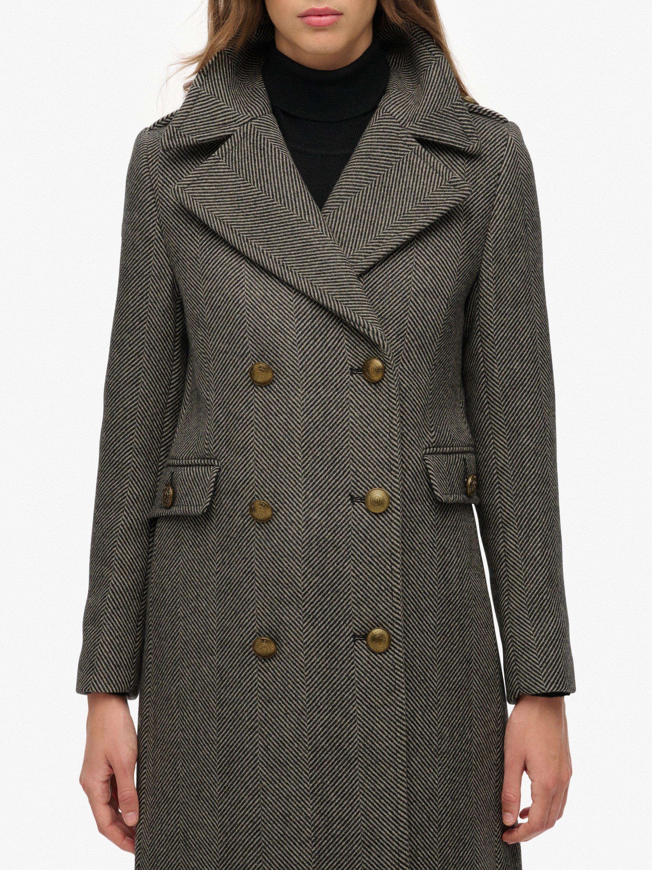 Product image 6 of 7, which shows Superdry Double Breasted Wool Blend Coat, Ivory/Black, 8