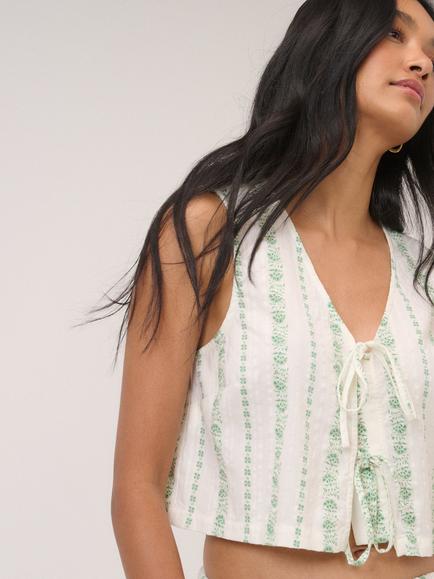 Nobody's Child Thandy Sleeveless Tie Detail Organic Cotton Top, White/Green, White/Green