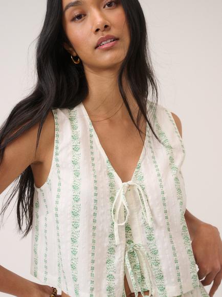Nobody's Child Thandy Sleeveless Tie Detail Organic Cotton Top, White/Green - view 2, White/Green