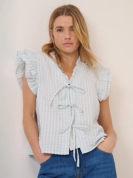 Nobody's Child Talmont Gingham Seersucker Tie Front Top, Light Blue/White, Light Blue/White