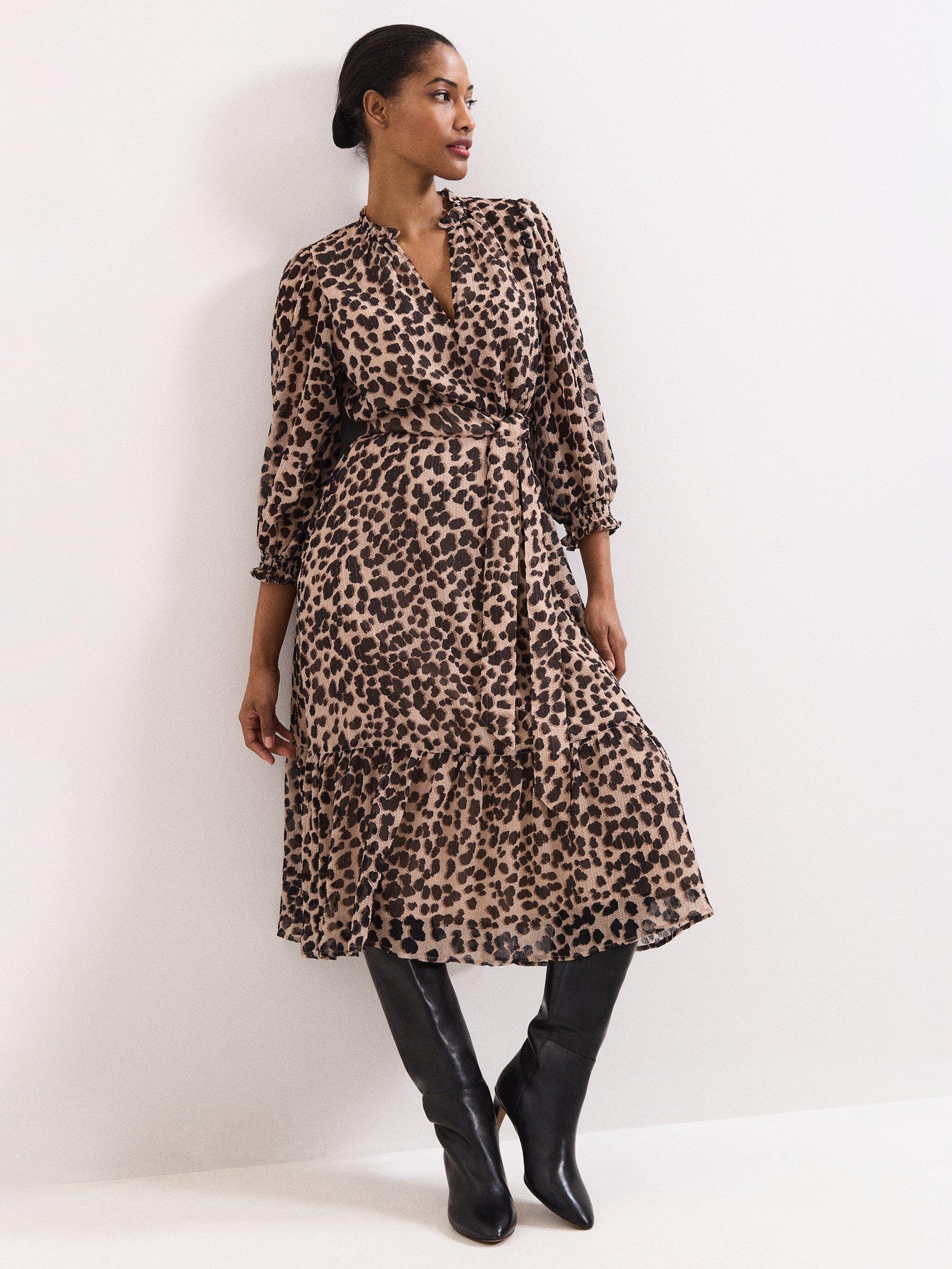 Product image 1 of 10, which shows Phase Eight Carra Leopard Print Midi Dress, Multi, 10