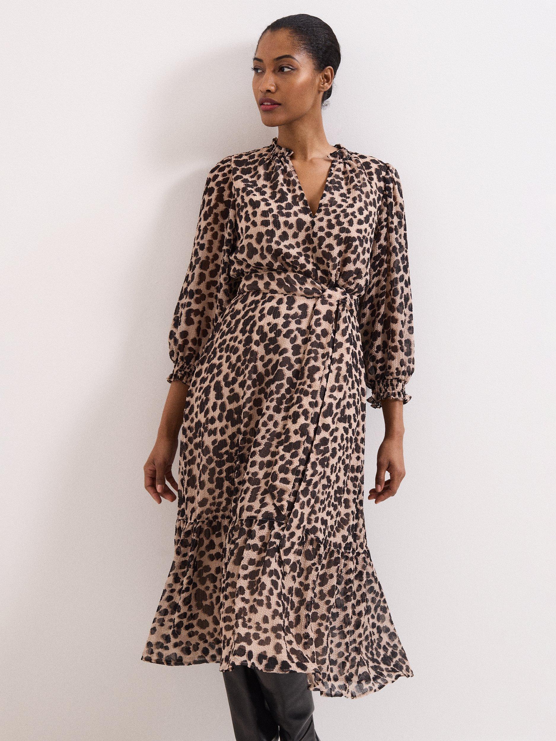 Product image 3 of 10, which shows Phase Eight Carra Leopard Print Midi Dress, Multi, 10