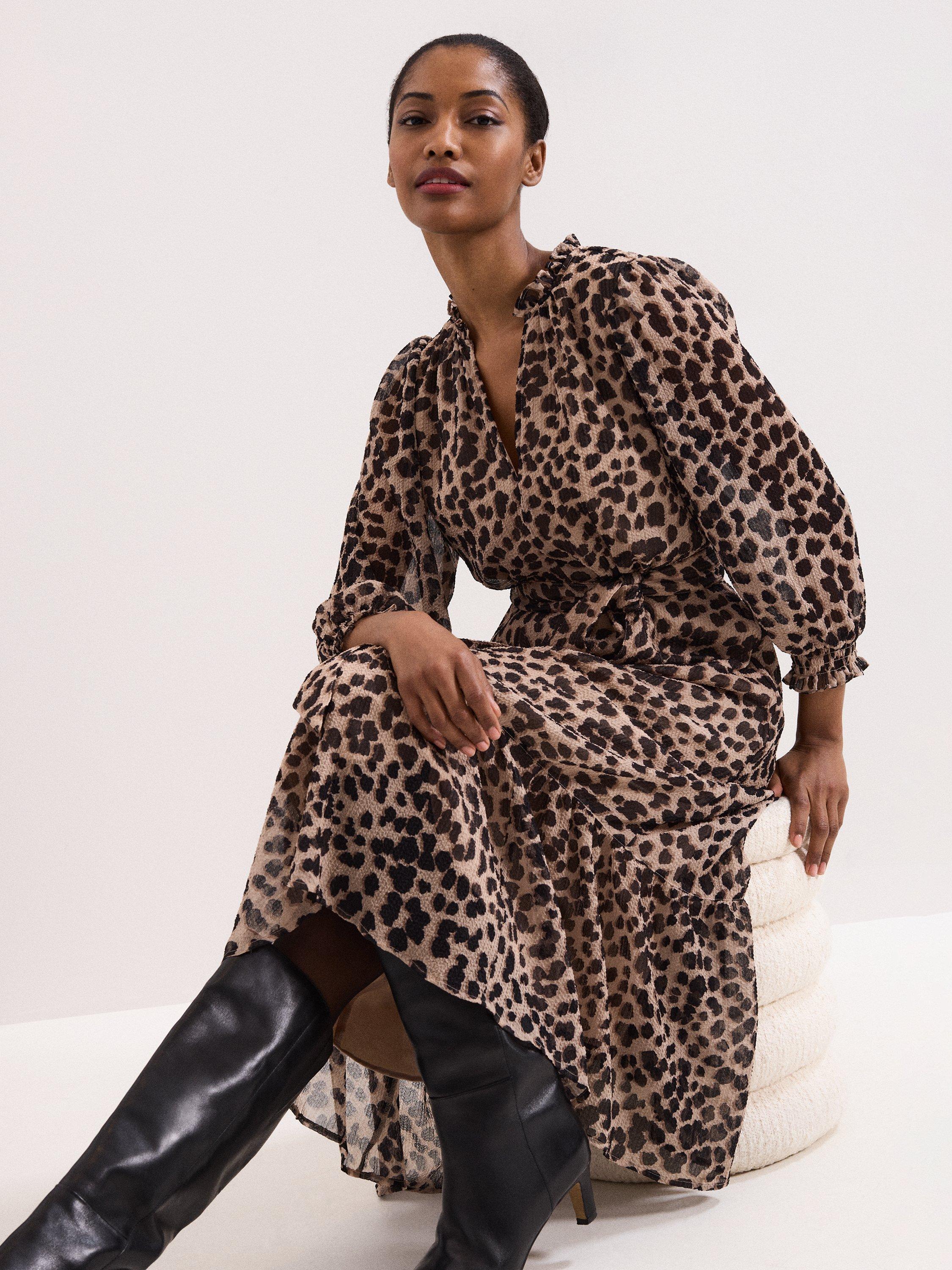 Product image 10 of 10, which shows Phase Eight Carra Leopard Print Midi Dress, Multi, 10