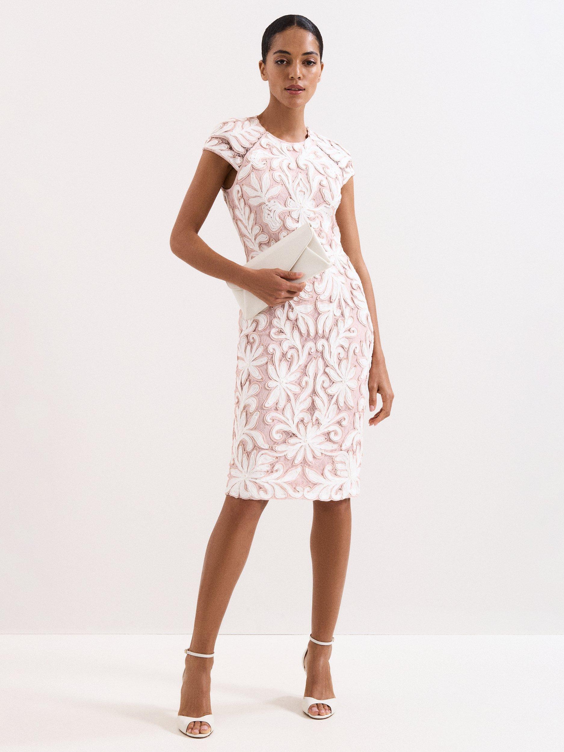 Product image 1 of 9, which shows Phase Eight Petite Karima Tapework Dress, Pale Pink, 10