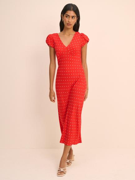 Nobody's Child Lina Polka Dot Cap Sleeve Midi Dress containing LENZING™ ECOVERO™ Viscose, Red/White, Red/White