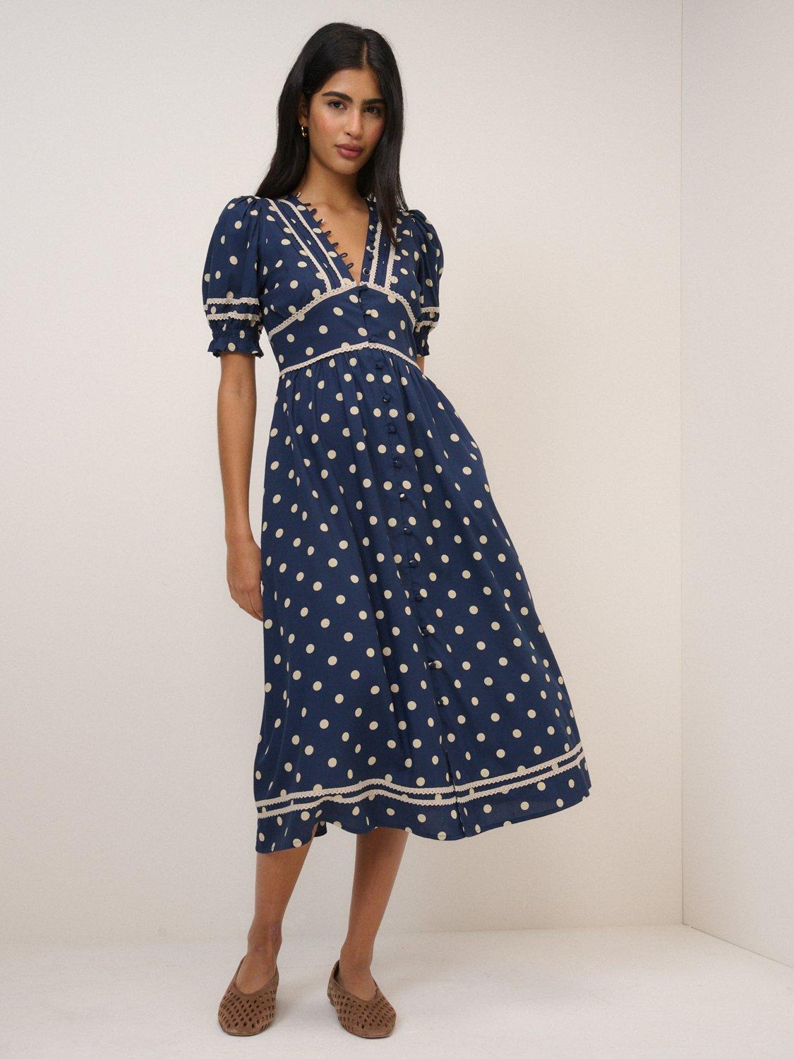 Nobody's Child Saffy Polka Dot Midi Dress containing LENZING ECOVERO  Viscose, Blue/White