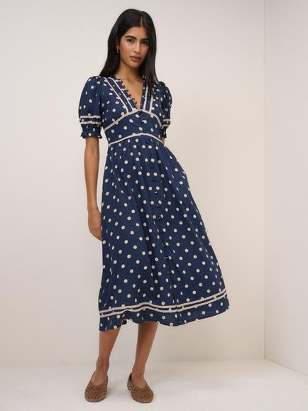 Nobody's Child Saffy Polka Dot Midi Dress containing LENZING™ ECOVERO™ Viscose, Blue/White, Blue/White