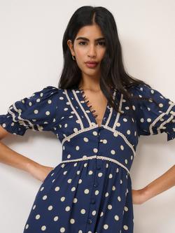 Nobody's Child Saffy Polka Dot Midi Dress containing LENZING™ ECOVERO™ Viscose, Blue/White - view 2, Blue/White