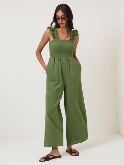 Nobody's Child Maya Double Gauze Cotton Wide Leg Jumpsuit, Khaki, Green