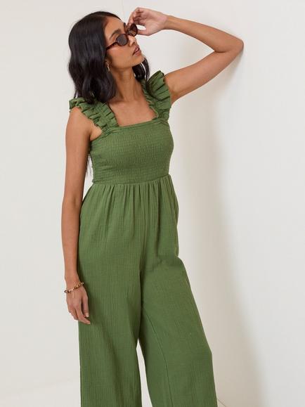 Nobody's Child Maya Double Gauze Cotton Wide Leg Jumpsuit, Khaki - view 2, Green