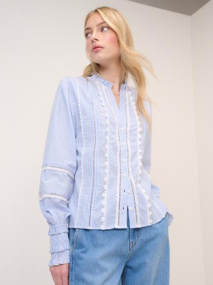 Nobody's Child Peillon Pinstriped Cotton Ruffle Blouse, Blue/White, Blue