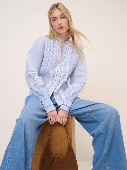 Nobody's Child Peillon Pinstriped Cotton Ruffle Blouse, Blue/White - view 2, Blue