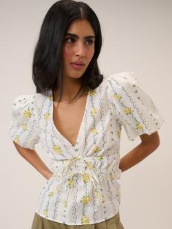 Nobody's Child Cordelia V-Neck Floral Cotton Top, White/Multi, White/Multi