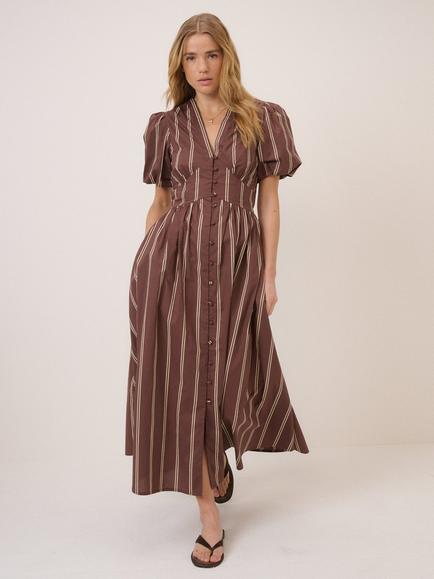 Nobody's Child Starlight Seersucker Cotton Stripe Midi Dress, Brown/Cream, Brown/Cream