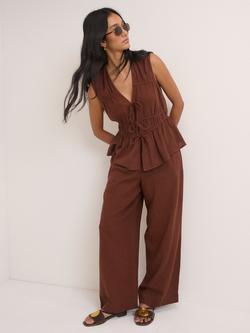 Nobody's Child Cordie Sleeveless Ruched Tie Front Linen Blend Top, Brown, Brown