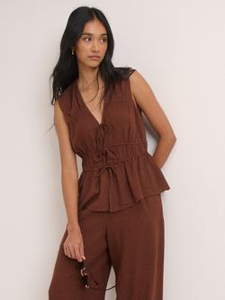 Nobody's Child Cordie Sleeveless Ruched Tie Front Linen Blend Top, Brown - view 2, Brown