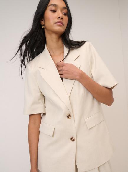 Nobody's Child Petite Boyfriend Short Sleeve Blazer, Cream - view 2, Cream