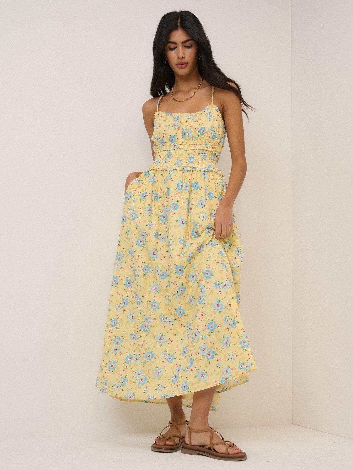 Nobody's Child Alina Cotton Floral Midi Dress, Yellow/Blue