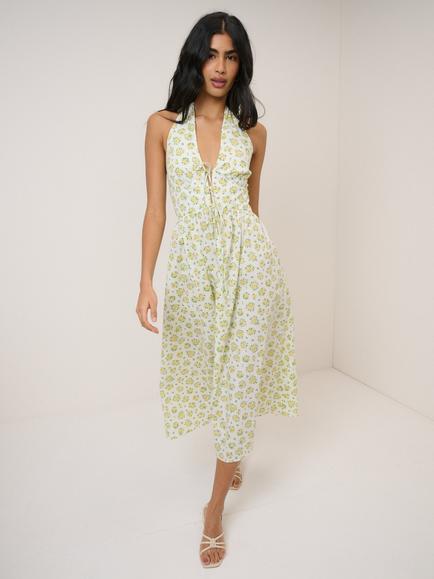 Nobody's Child Lilijana Halterneck Floral Midi Dress, White/Yellow, White/Yellow