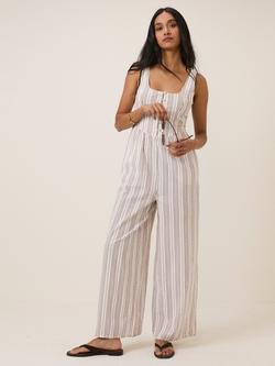 Nobody's Child Cora Sleeveless Striped Seersucker Cotton Jumpsuit, Cream/Burgundy, Cream/Burgundy