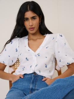 Nobody's Child Brooke Short Puff Sleeve V-Neck Floral Cotton Blouse, White, White
