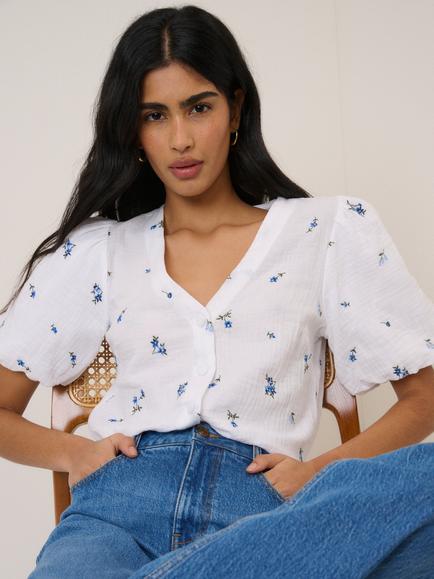 Nobody's Child Brooke Short Puff Sleeve V-Neck Floral Cotton Blouse, White, White