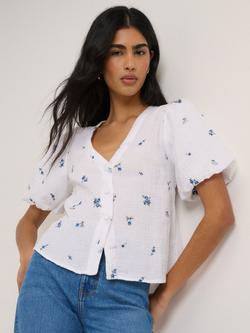 Nobody's Child Brooke Short Puff Sleeve V-Neck Floral Cotton Blouse, White - view 2, White