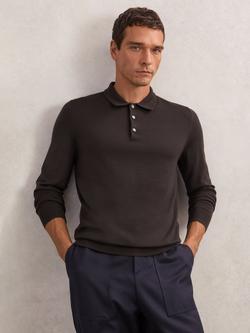 Reiss Trafford Knitted Wool Long Sleeve Polo Top, Chocolate Brown
