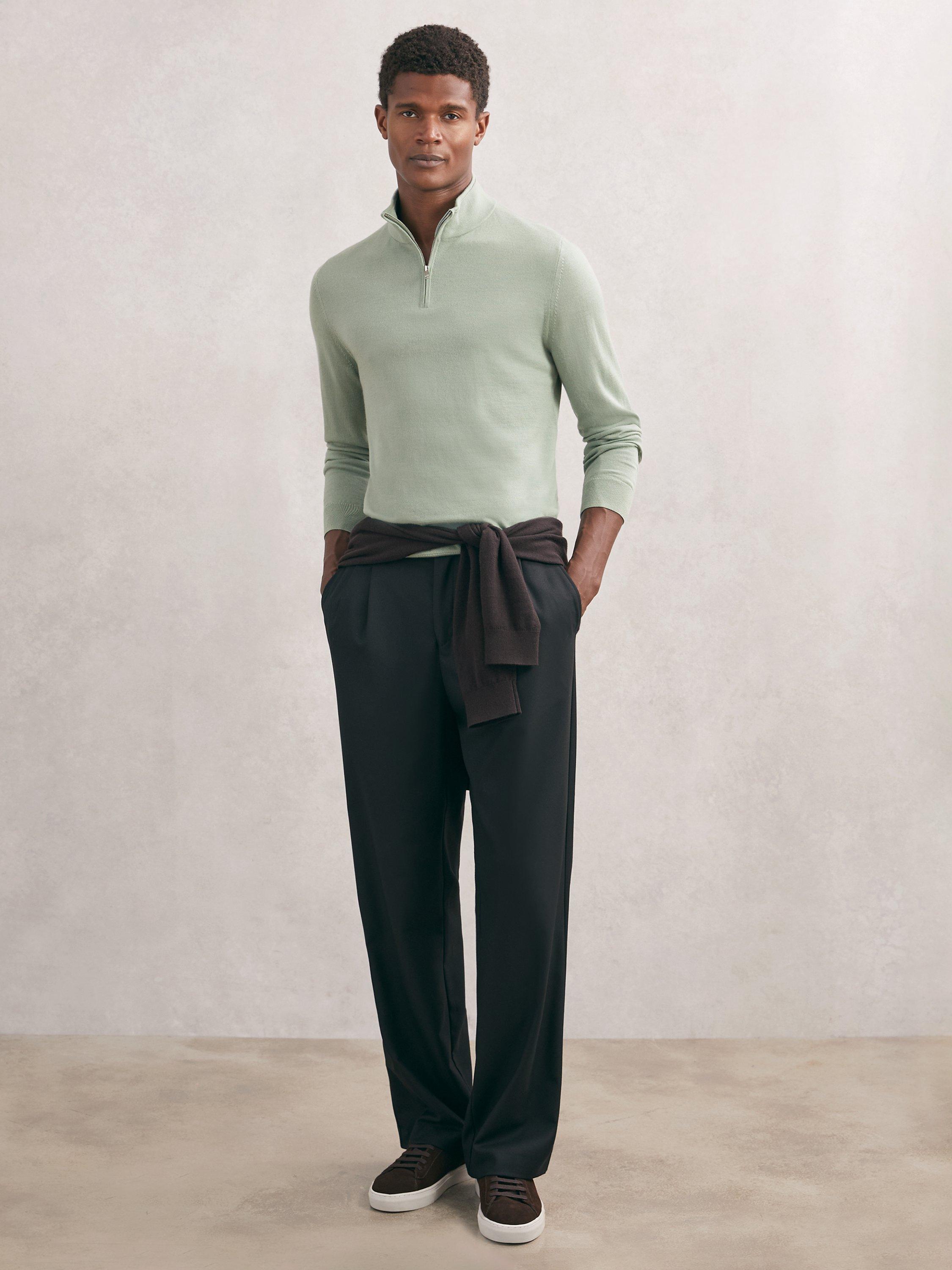 Product image 1 of 5, which shows Reiss Blackhall Merino Wool Half-Zip Jumper, Light Green, XS