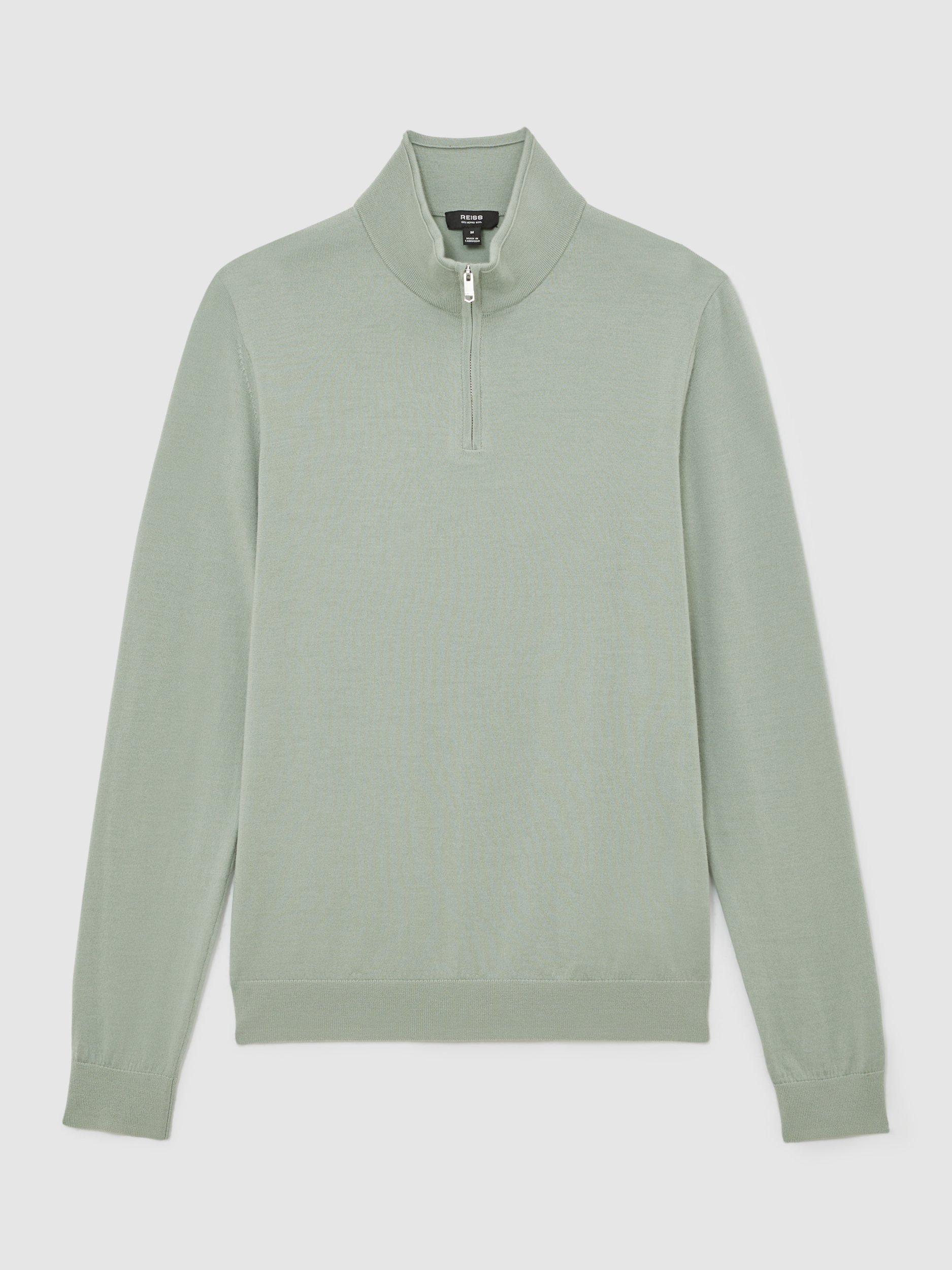 Product image 3 of 5, which shows Reiss Blackhall Merino Wool Half-Zip Jumper, Light Green, XS