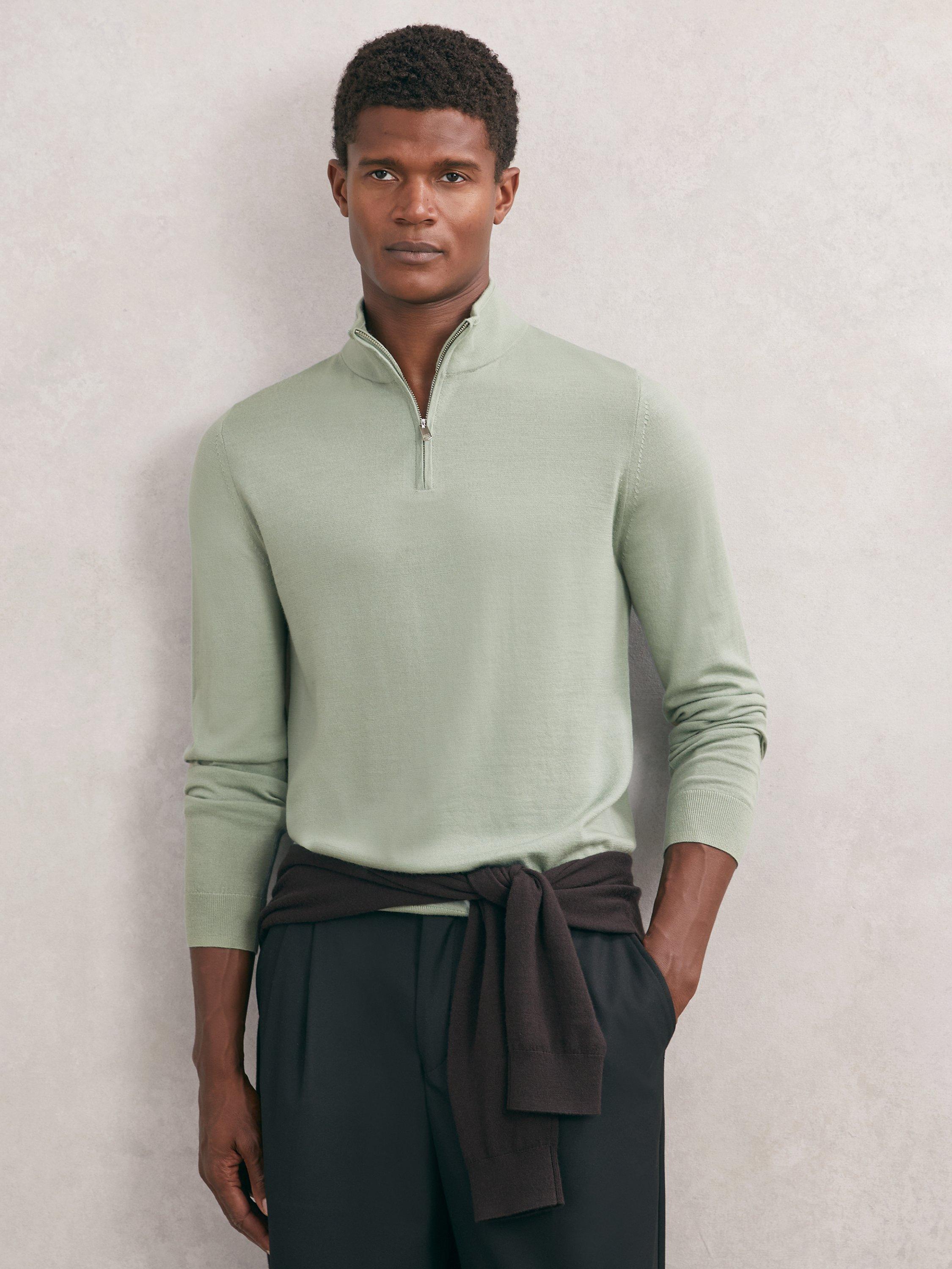 Product image 4 of 5, which shows Reiss Blackhall Merino Wool Half-Zip Jumper, Light Green, XS