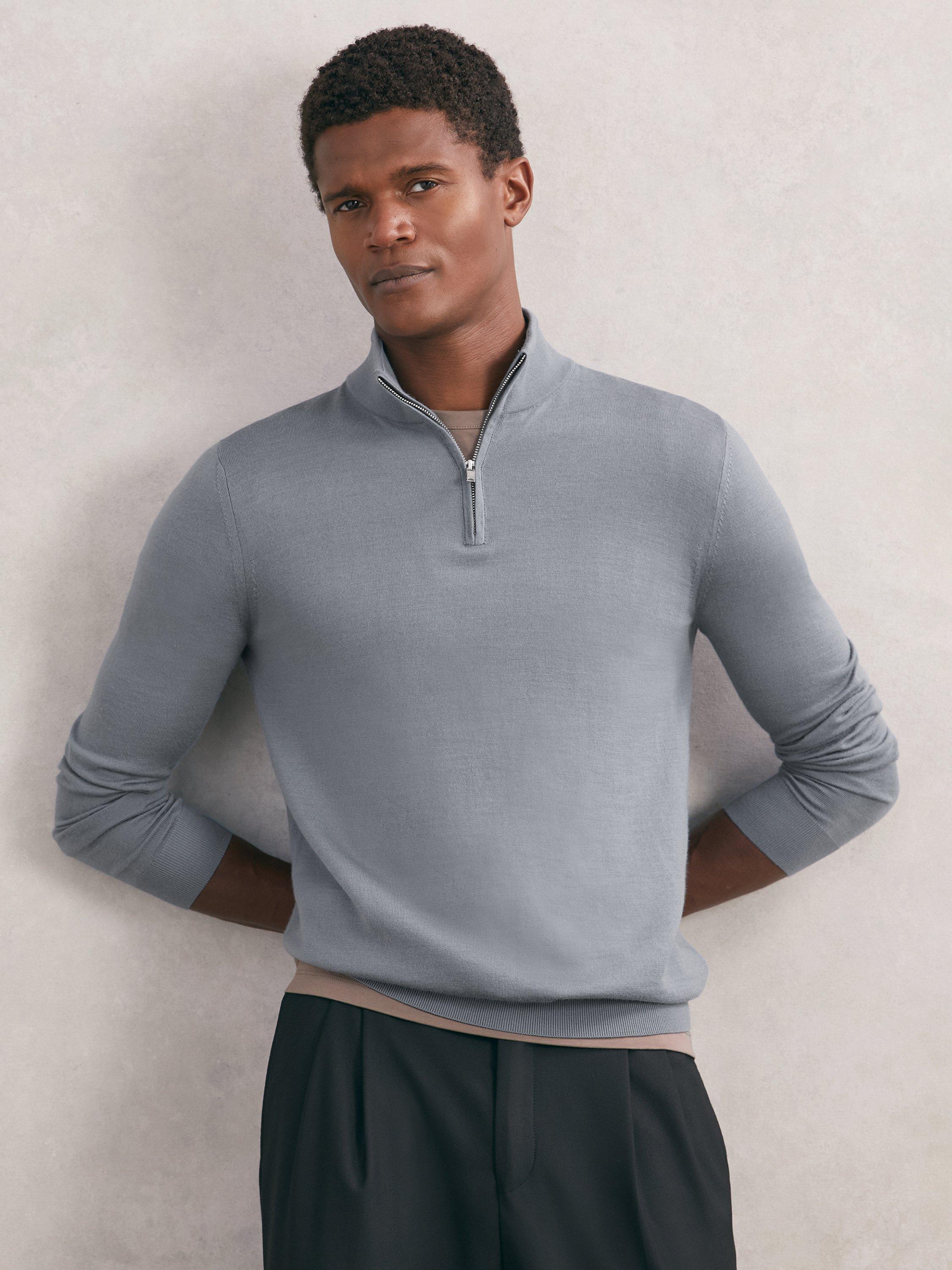 Product image 1 of 5, which shows Reiss Blackhall Merino Wool Half-Zip Jumper, Steel Blue, XS