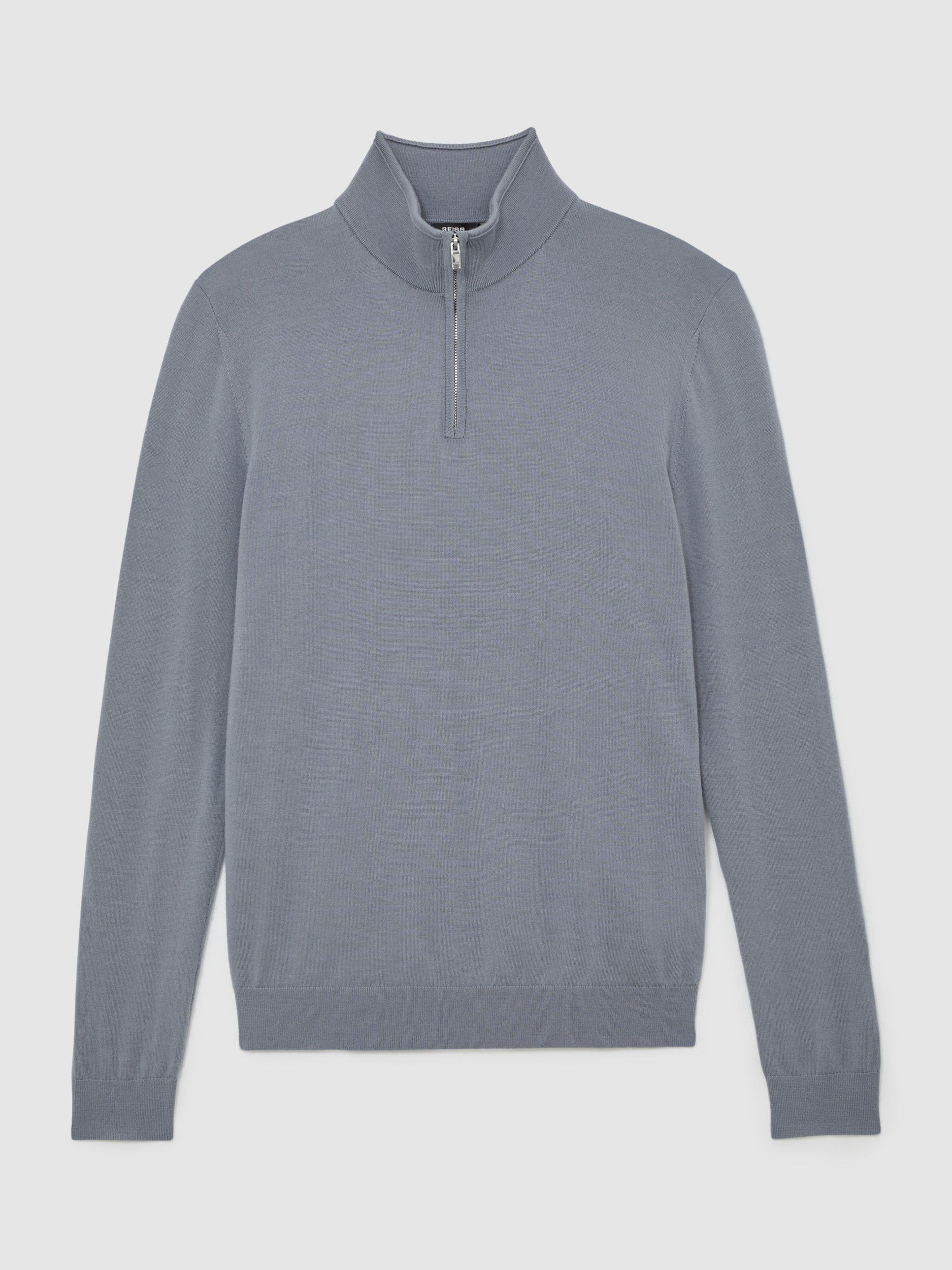 Product image 3 of 5, which shows Reiss Blackhall Merino Wool Half-Zip Jumper, Steel Blue, XS