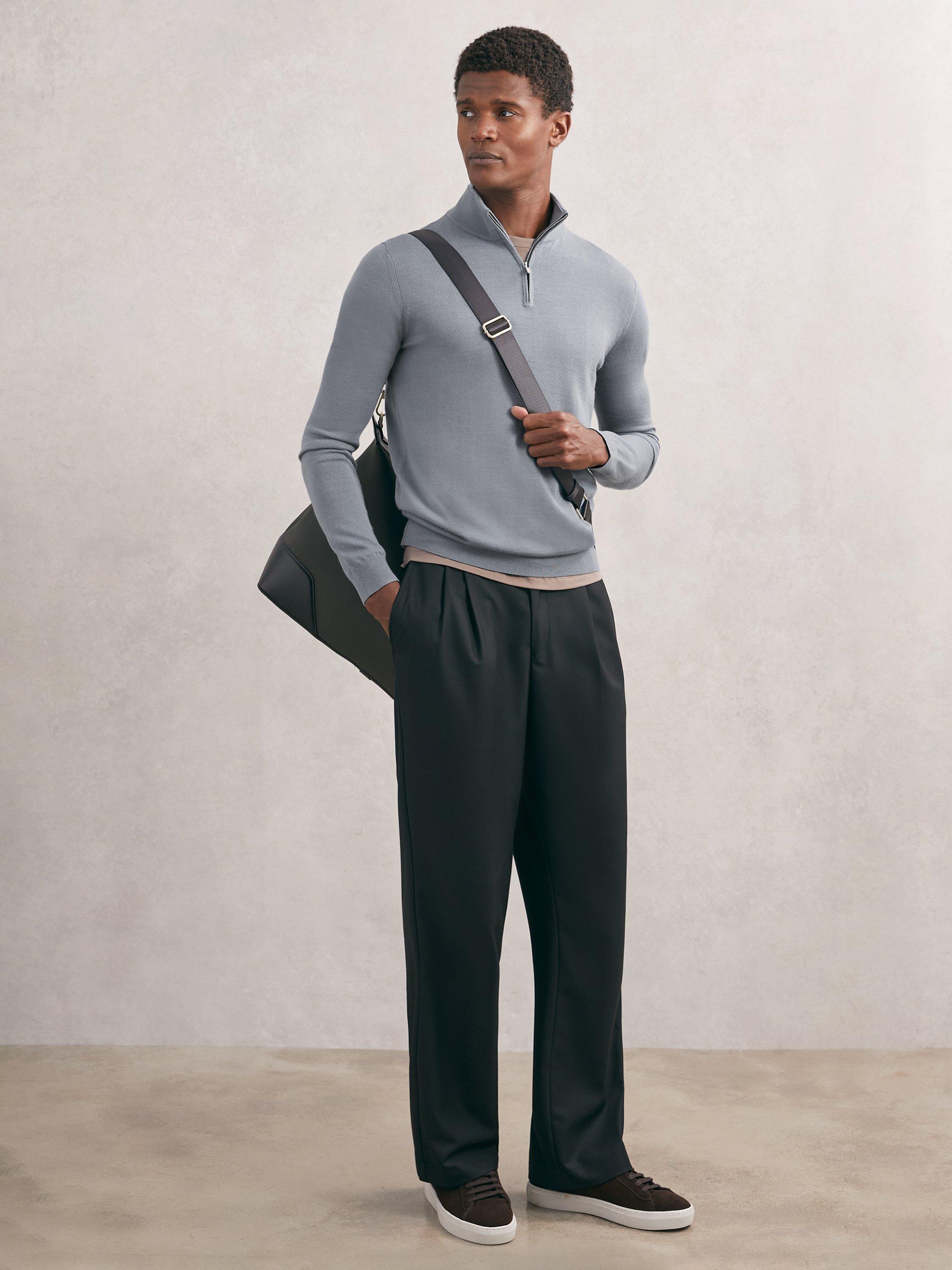 Product image 4 of 5, which shows Reiss Blackhall Merino Wool Half-Zip Jumper, Steel Blue, XS