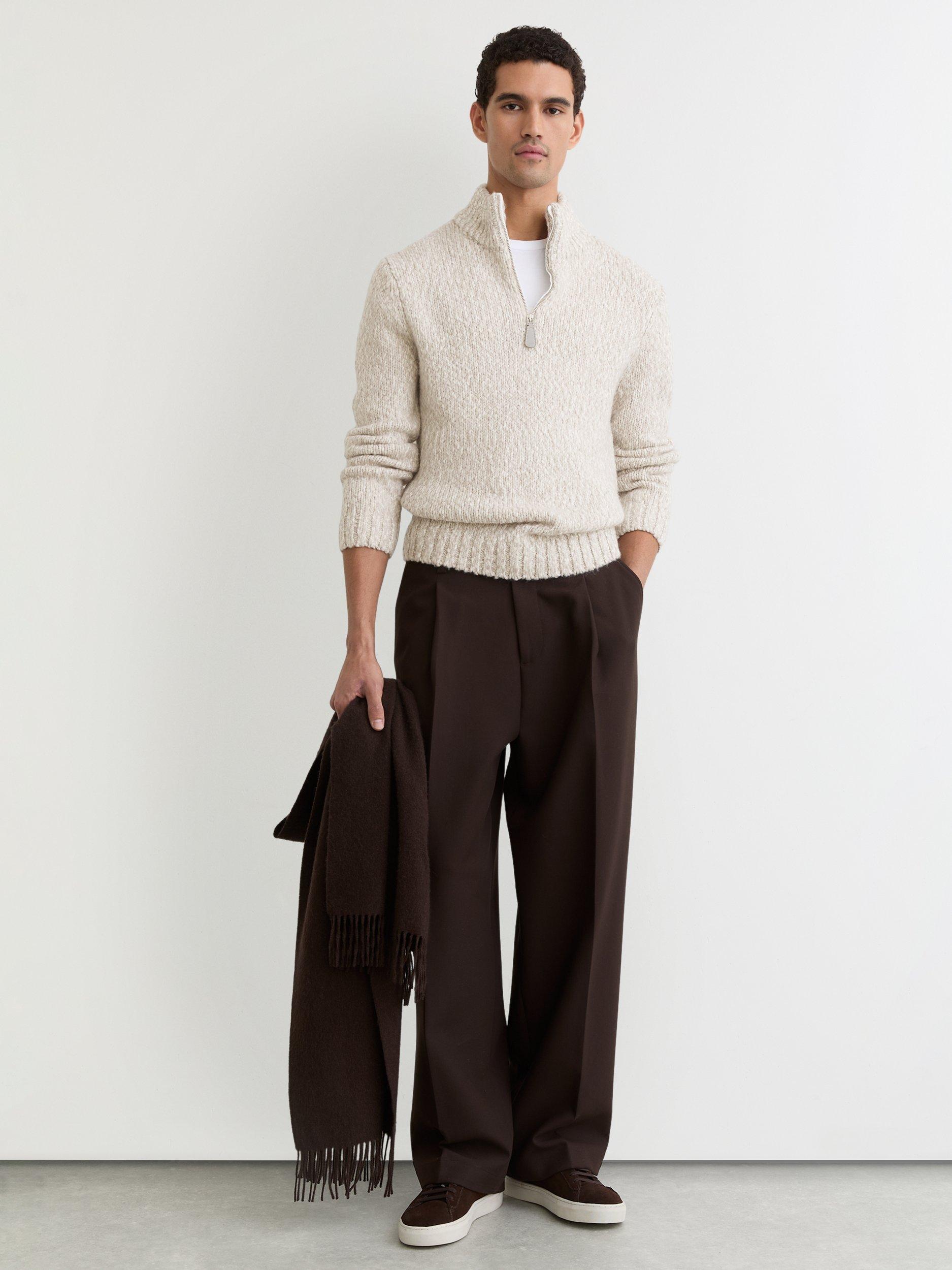 Product image 1 of 5, which shows Reiss Seb Marled Half-Zip Wool Blend Knitted Jumper, Grey, XS