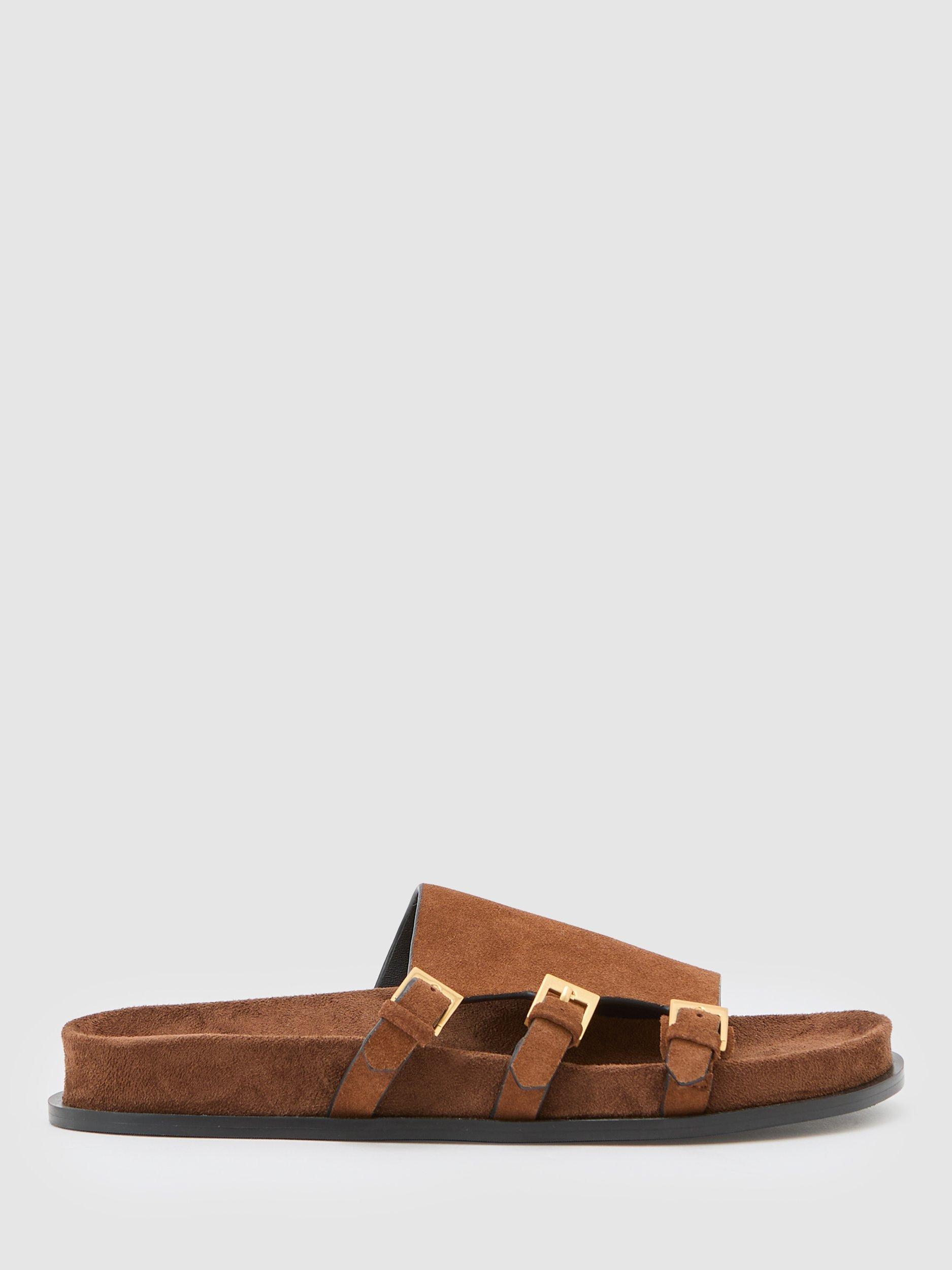 Product image 1 of 5, which shows Reiss Lauren Suede Buckle Flat Sandals, Tan, 3