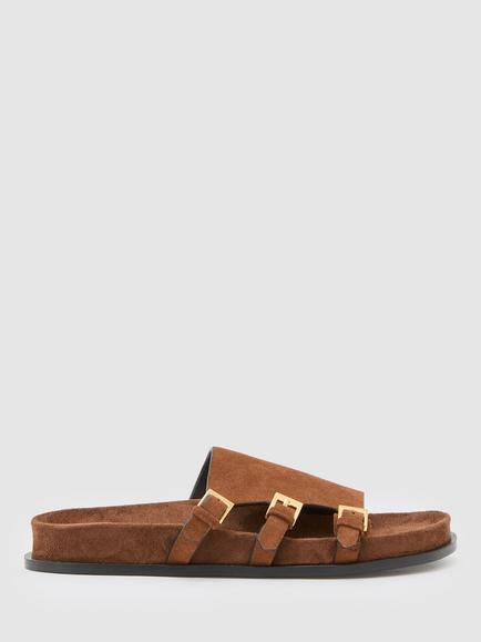 Reiss Lauren Suede Buckle Flat Sandals, Tan