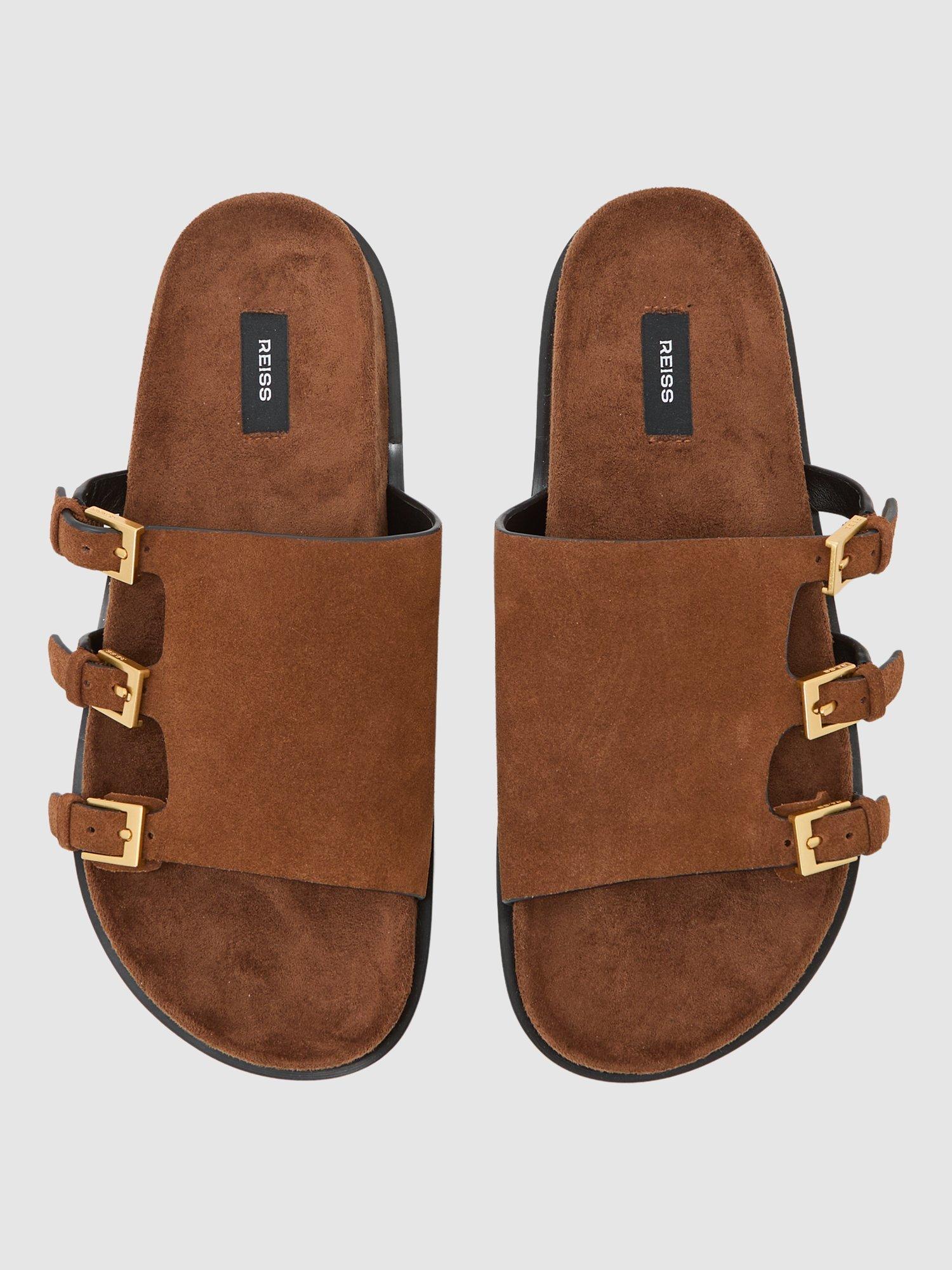 Product image 4 of 5, which shows Reiss Lauren Suede Buckle Flat Sandals, Tan, 3