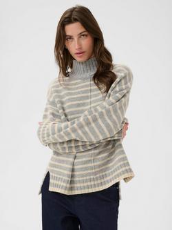 Part Two Lilye Stripe High Neck Wool Rich Jumper, Grey Melange/French Oak Melange