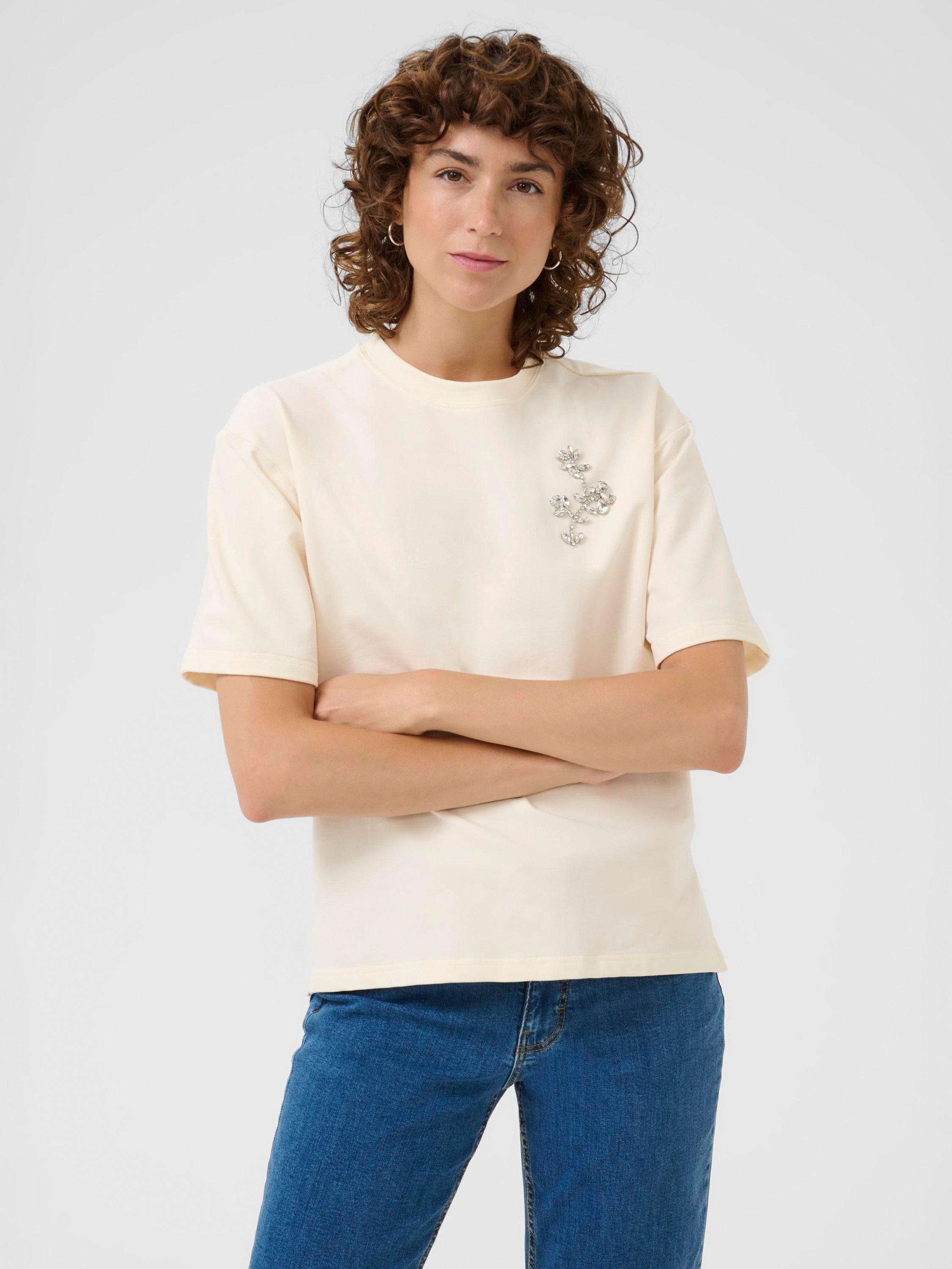 Product image 1 of 6, which shows Part Two Tilda Floral Jersey Top, Eggnog, XS