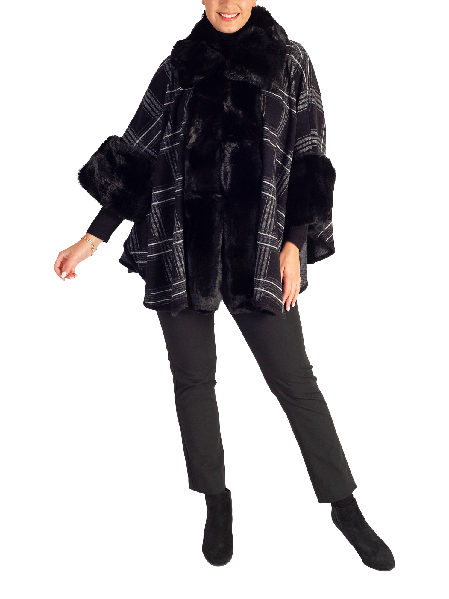 Product image 1 of 5, which shows chesca Check Three Quarter Sleeve Wrap, Black, One Size