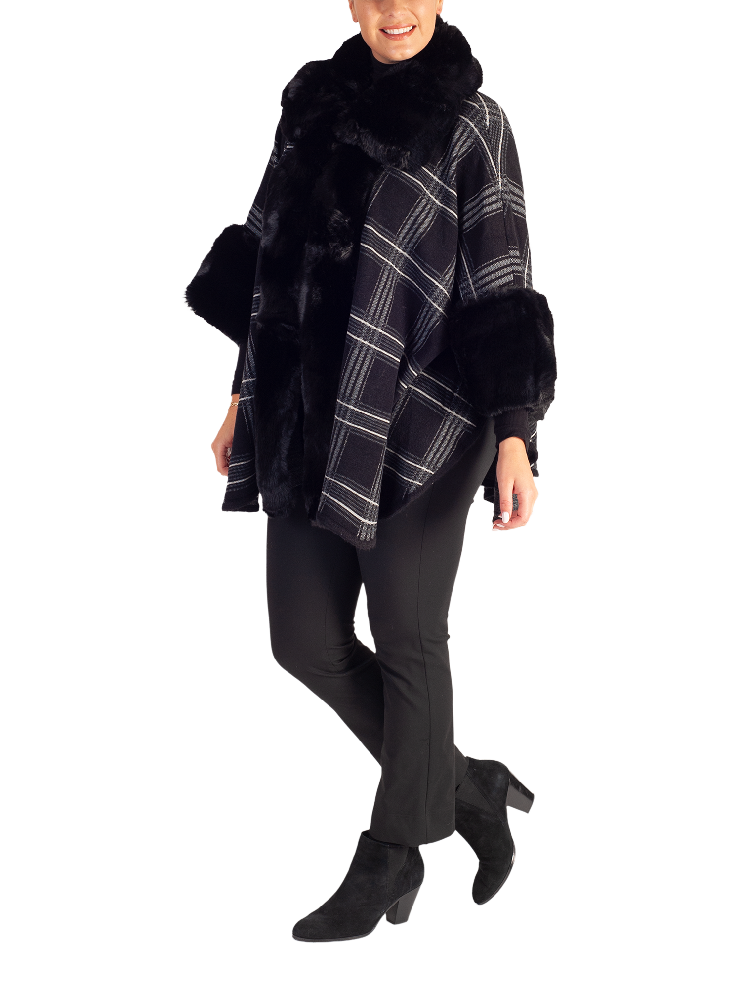 Product image 3 of 5, which shows chesca Check Three Quarter Sleeve Wrap, Black, One Size